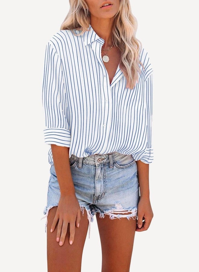 Aoudery Striped Button Down Shirts for Women Cotton Dress Shirts Long Sleeve Collared Blouses Work Business Casual Tops- Blue White Wide Stripes L - Image 3